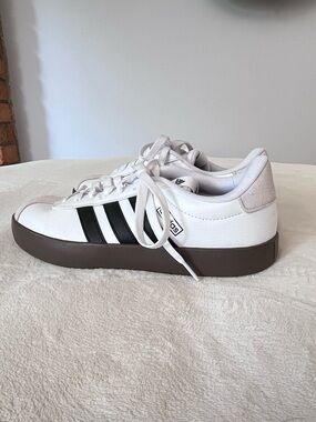 adidas White Sneakers with Black Stripes and Brown Platform